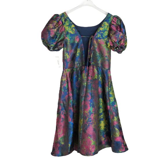 DB STUDIO Puff Sleeve Open Back Brocade A-Line Metallic Mini Dress Size 12 - Picture 7 of 10